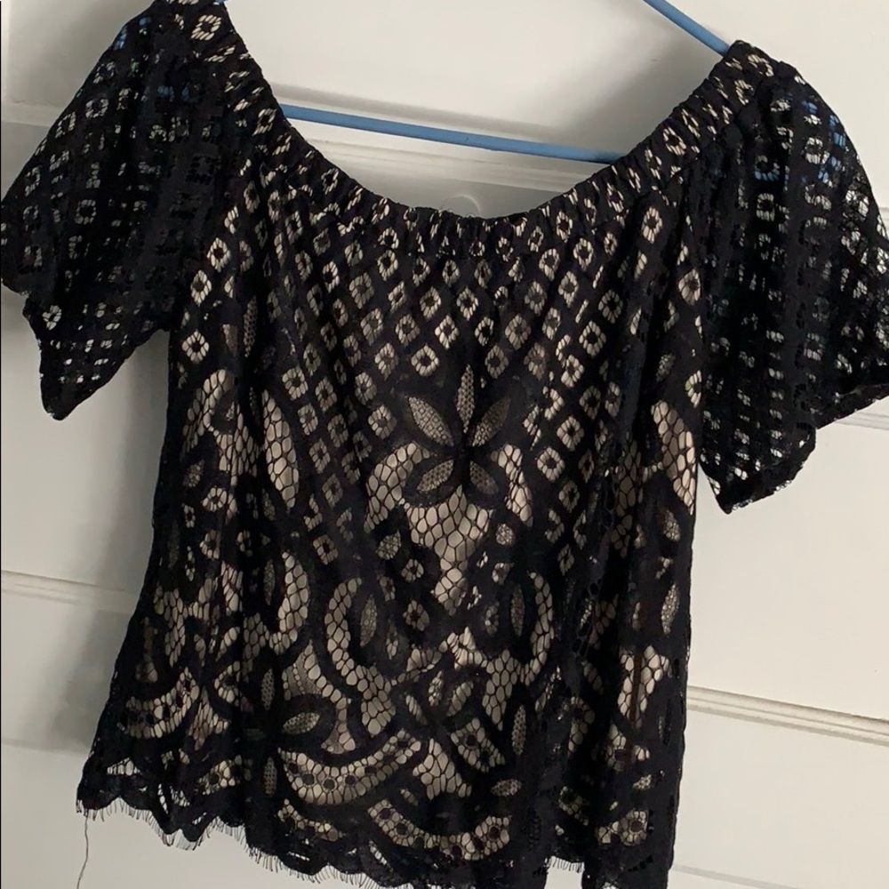 Black off the shoulder top. nude underlying detail